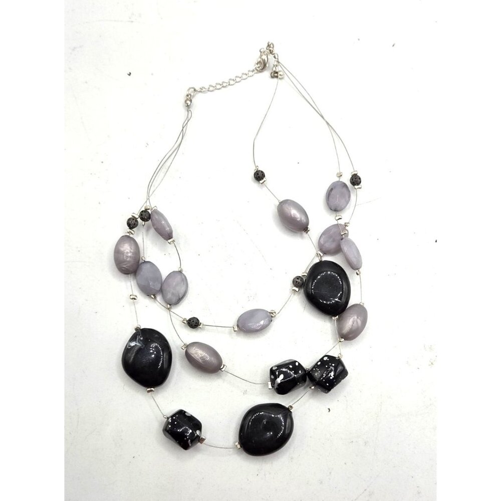 Multi-Strand Beaded Necklace In Black & Gray With Adjustable Chain